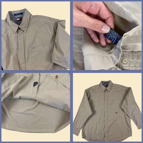 1990s XL Tommy Hilfiger shirt, vintage beige mens button down top - Picture 3 of 8